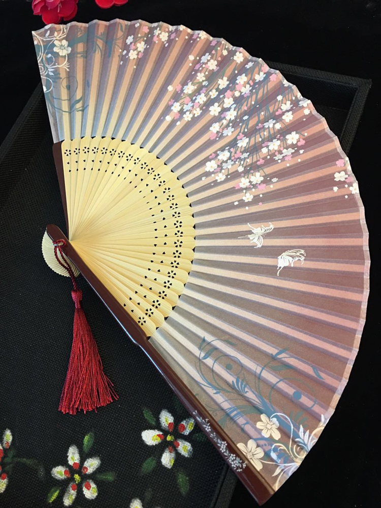 古典家佳樂文學(xué)烤漆邊真絲櫻花竹折扇