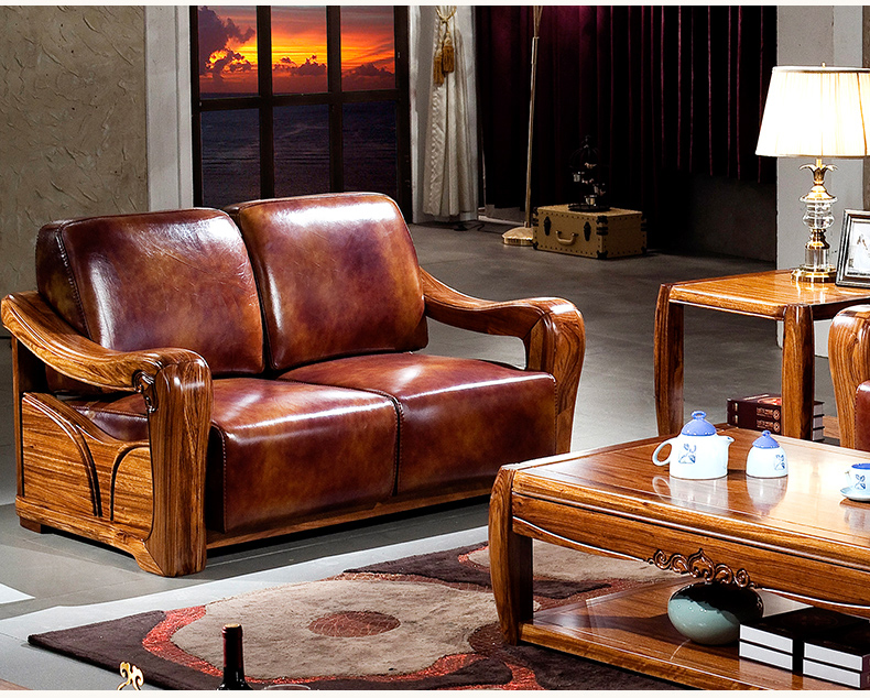 中式全實(shí)木烏金木真皮沙發(fā)客廳組合