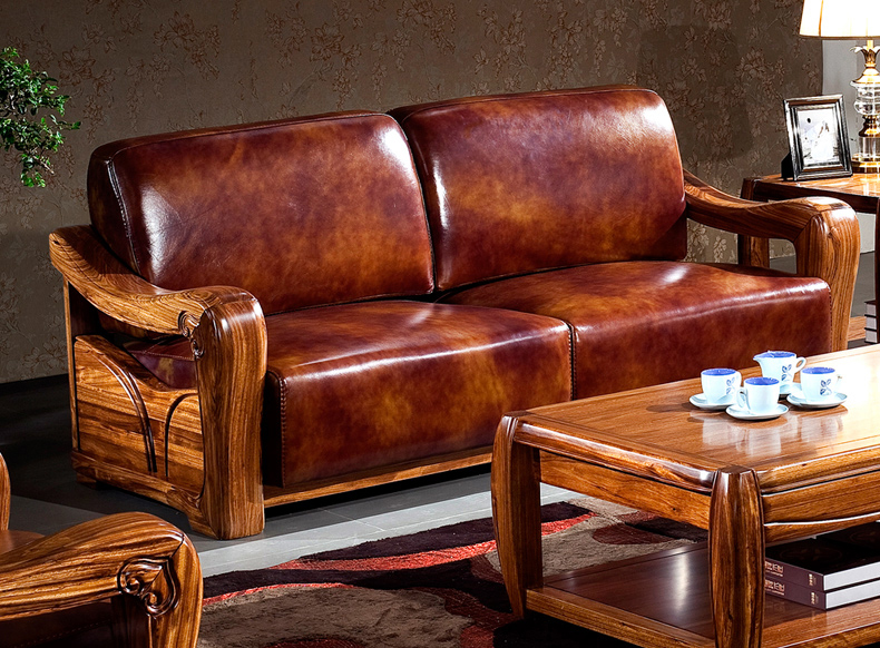 中式全實(shí)木烏金木真皮沙發(fā)客廳組合