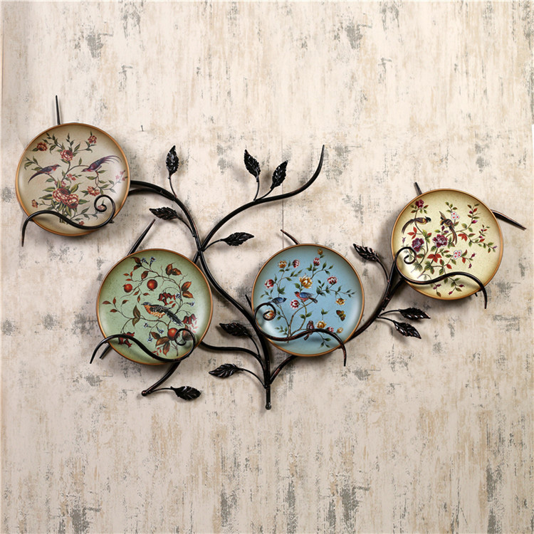 中式小鳥彩繪陶瓷壁掛盤掛飾鐵藝壁飾