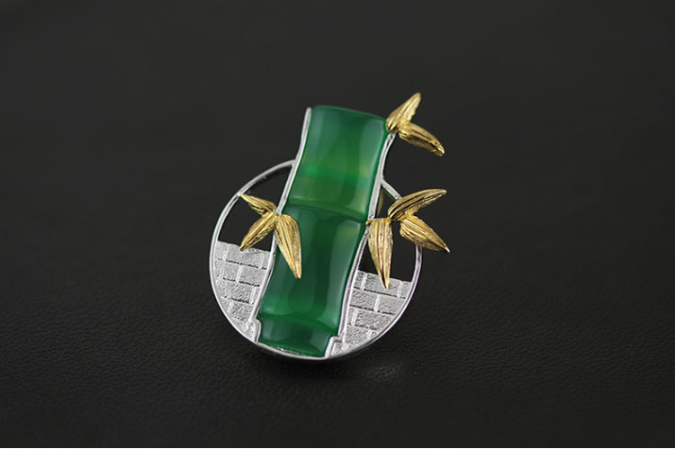 家佳樂文學古典鑲玉髓竹子純銀胸針