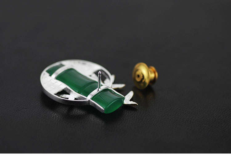 家佳樂文學古典鑲玉髓竹子純銀胸針