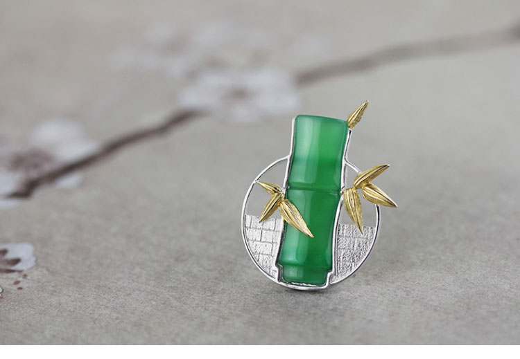 家佳樂文學古典鑲玉髓竹子純銀胸針