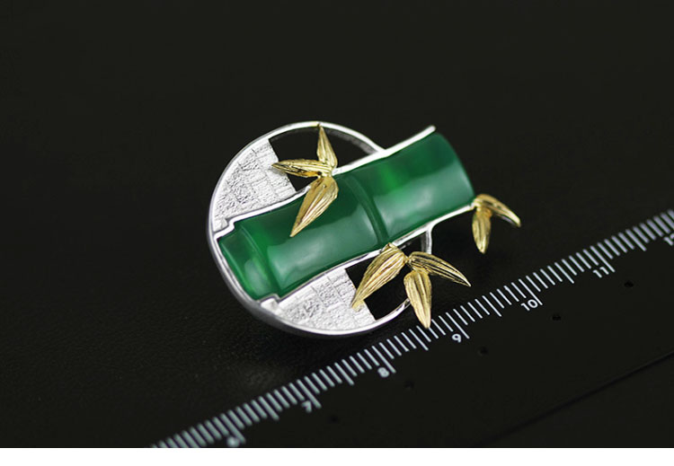 家佳樂文學古典鑲玉髓竹子純銀胸針