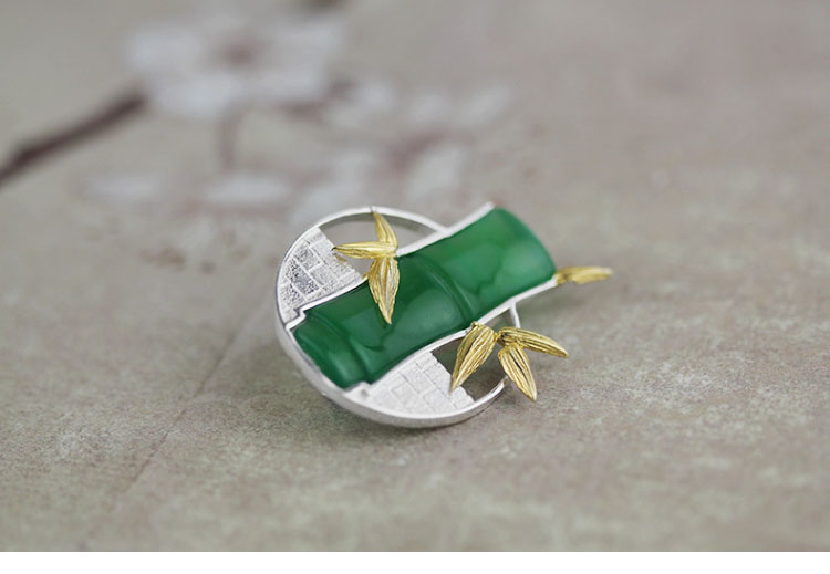 家佳樂文學古典鑲玉髓竹子純銀胸針
