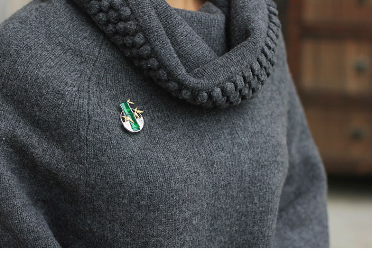 家佳樂文學古典鑲玉髓竹子純銀胸針