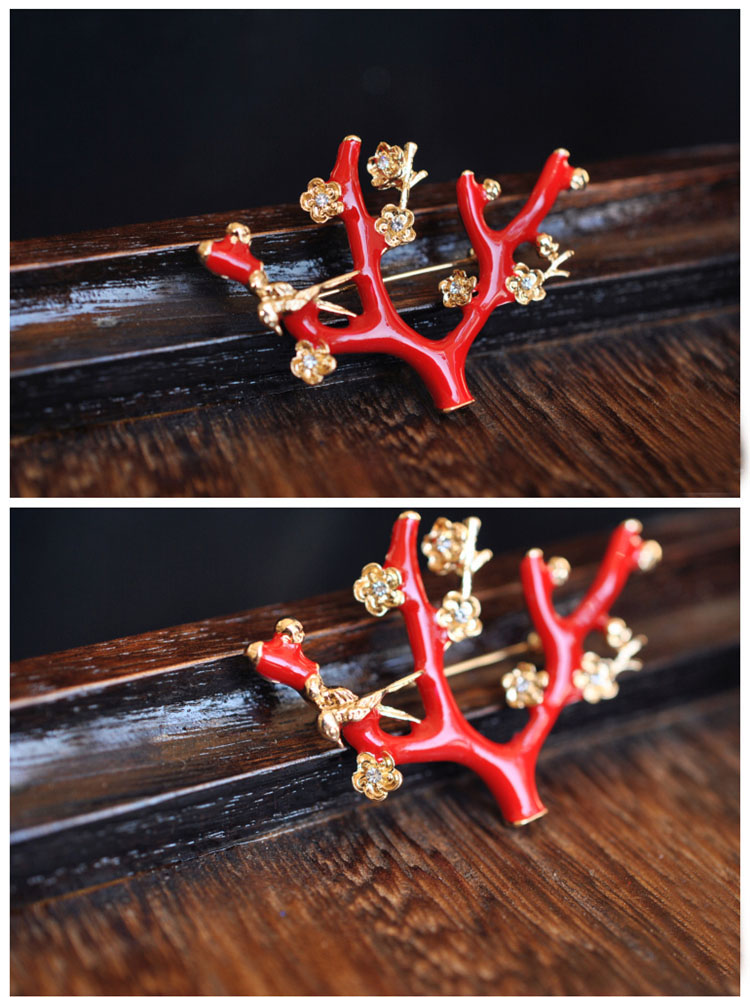 家佳樂文學文藝復古紅釉梅花樹枝棲小鳥雅致胸針