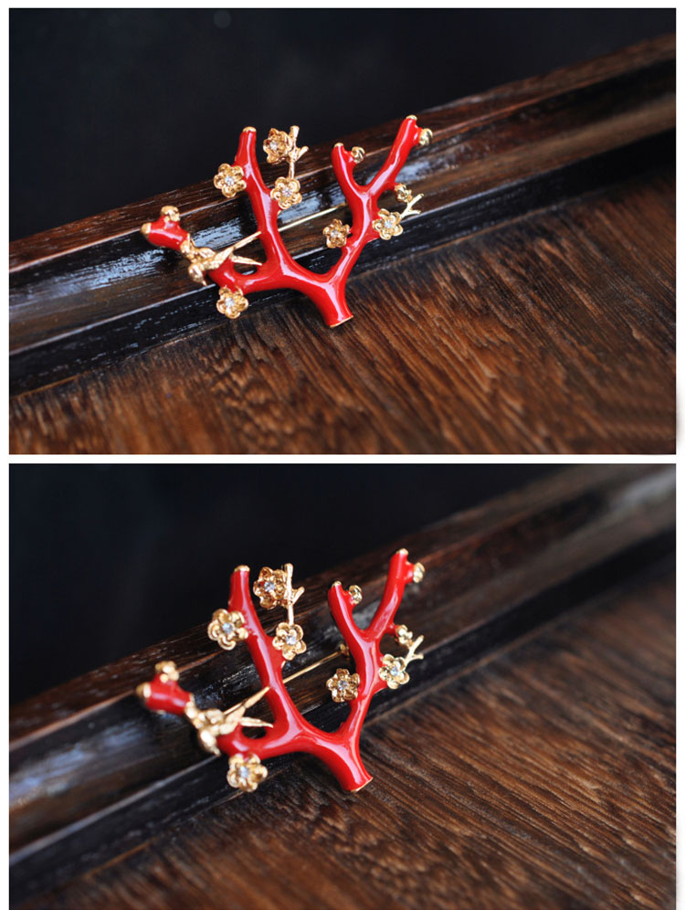 家佳樂文學文藝復古紅釉梅花樹枝棲小鳥雅致胸針