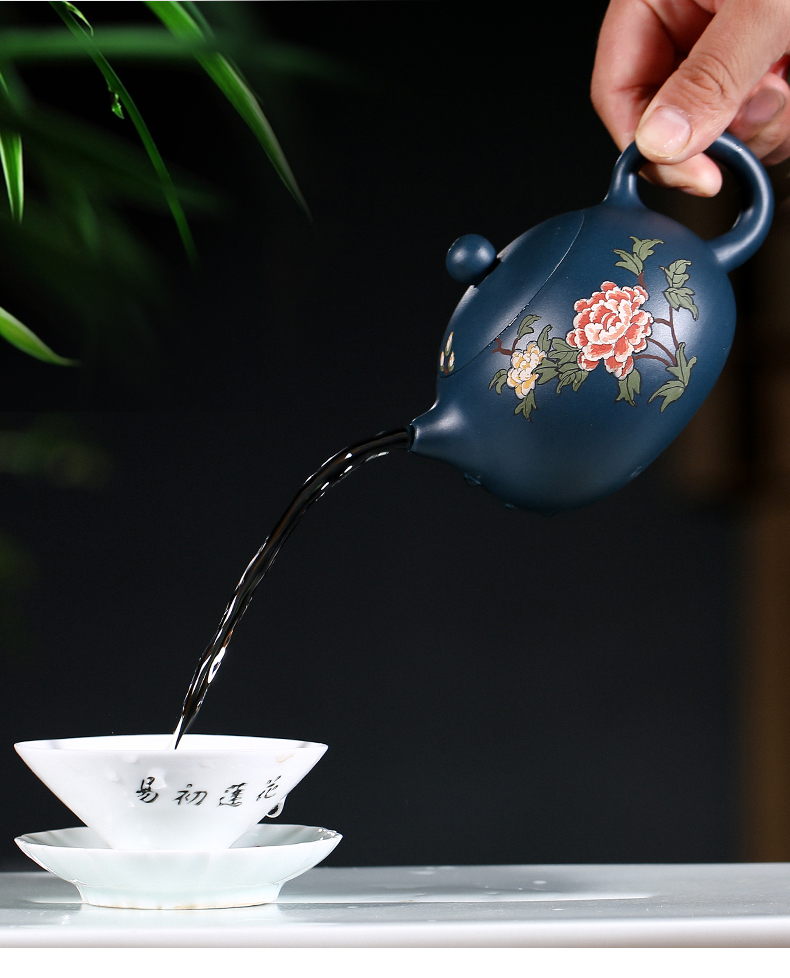 純手工紫砂壺，小巧琺瑯印花紫砂壺