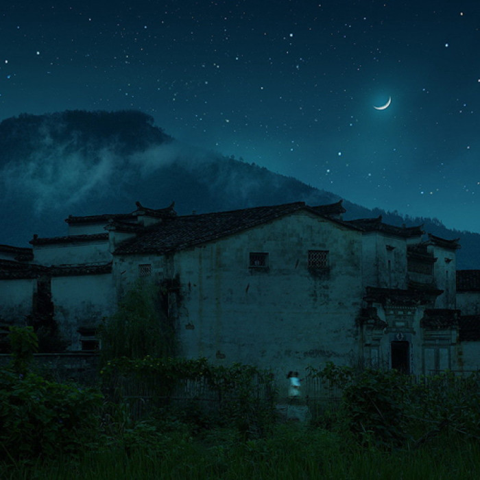 湖光月色插畫，景色秀麗手繪插畫