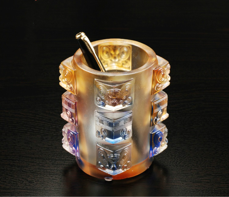 精美失蠟古琉筆筒，中國傳統(tǒng)手工琉璃筆筒