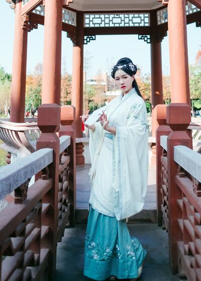 繡花漢服雙繞曲裾，雪紡大袖齊腰襦裙