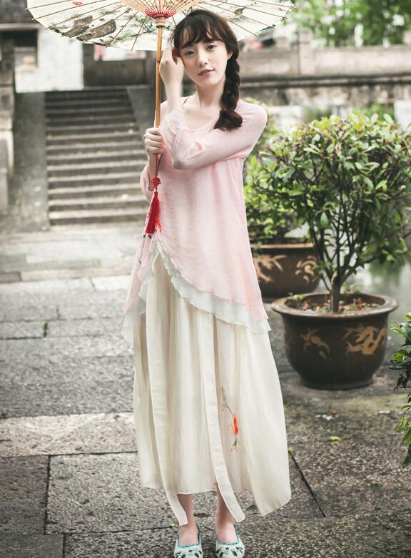 改良版復古家佳樂文學的漢服，簡約粉荷色漢服圖片