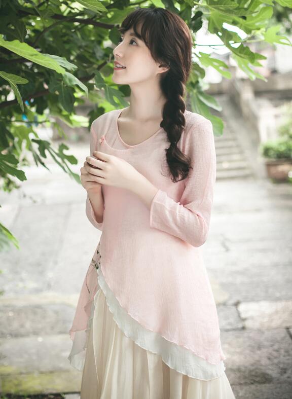 改良版復古家佳樂文學的漢服，簡約粉荷色漢服圖片