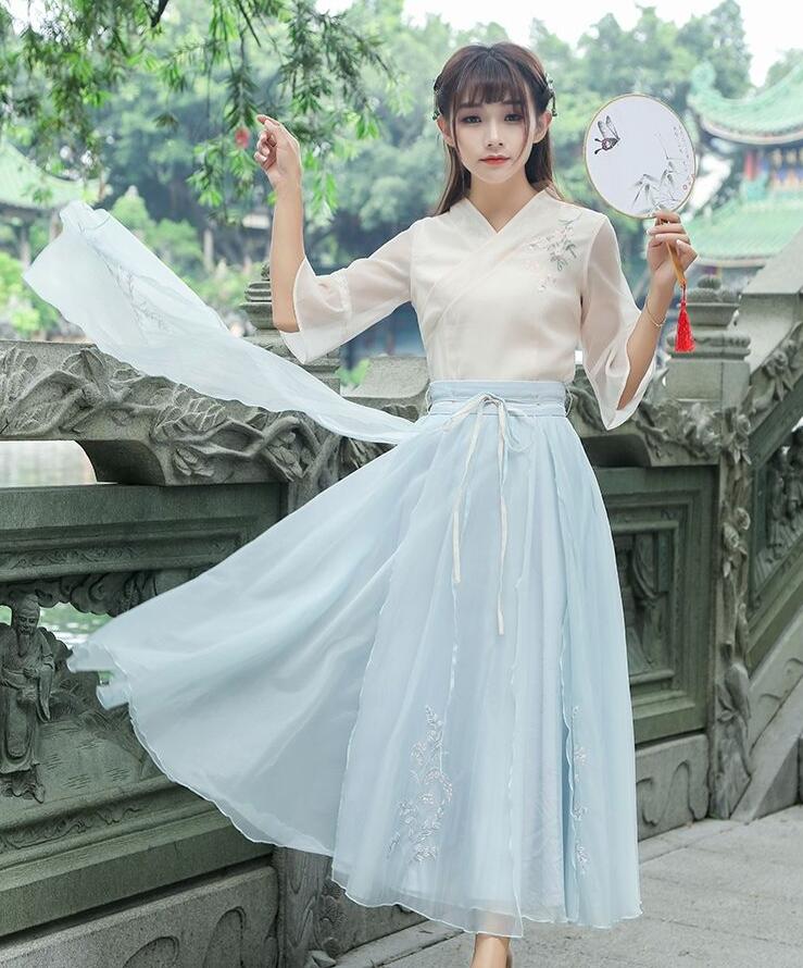 復(fù)古家佳樂文學(xué)廣袖長裙，雪紡清新淡雅漢服圖片