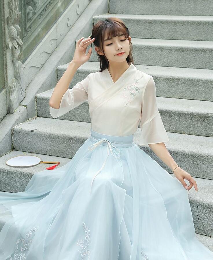 復(fù)古家佳樂文學(xué)廣袖長裙，雪紡清新淡雅漢服圖片