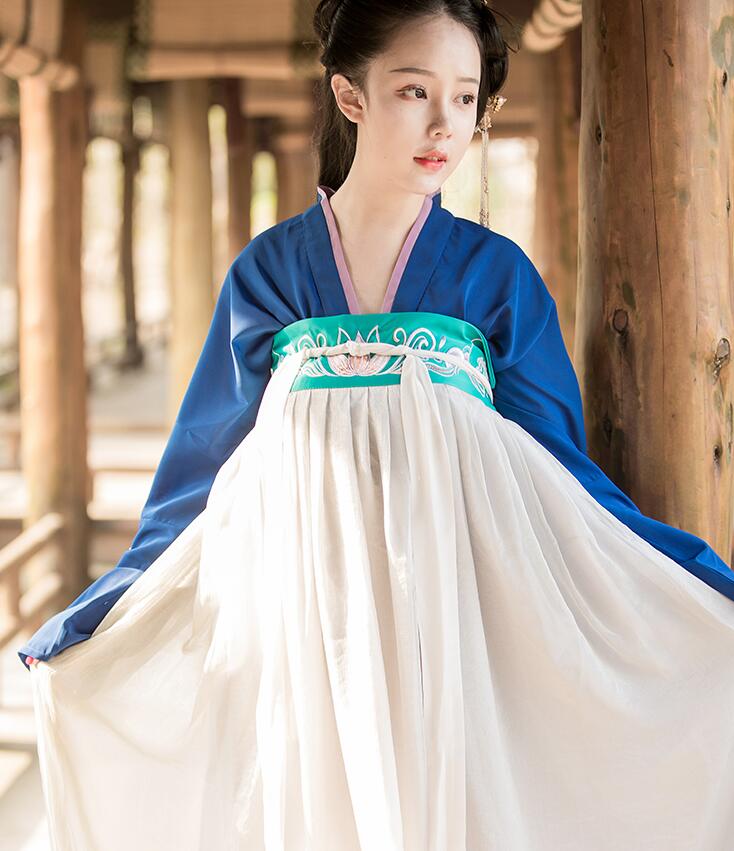 漢服荷花刺繡清新古裝，錦絲皺齊胸襦裙?jié)h服