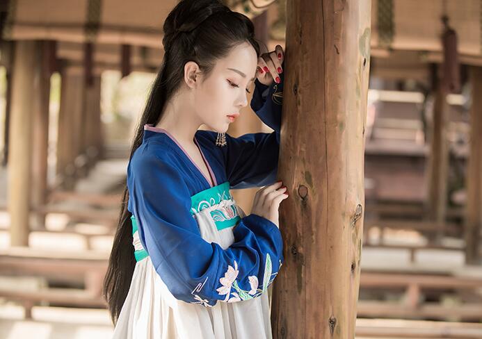 漢服荷花刺繡清新古裝，錦絲皺齊胸襦裙?jié)h服