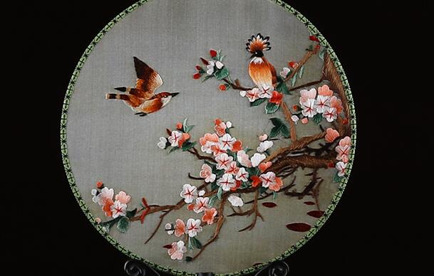 雙面真絲手工刺繡團扇，古典黑檀木宮扇子