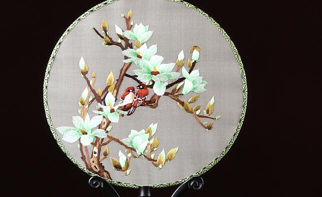 雙面真絲手工刺繡團扇，古典黑檀木宮扇子