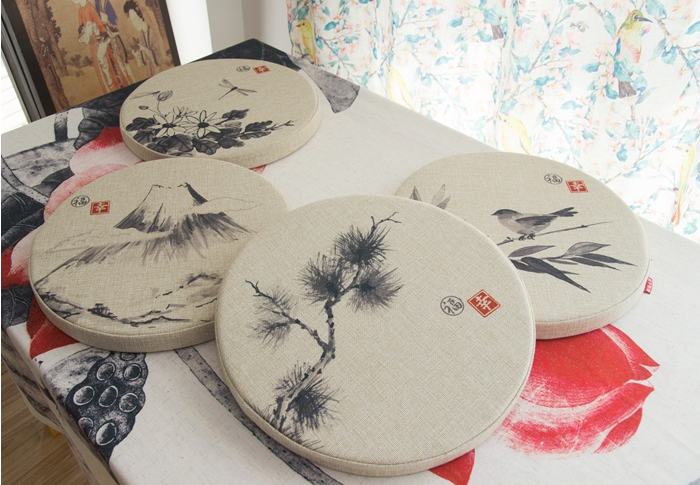家佳樂文學(xué)亞麻布料坐墊，水墨畫圓凳子坐墊