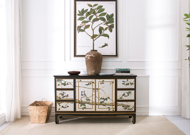 清新國畫收納進(jìn)門柜子，實(shí)木玄關(guān)裝飾門廳柜子