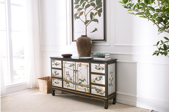 清新國畫收納進(jìn)門柜子，實(shí)木玄關(guān)裝飾門廳柜子