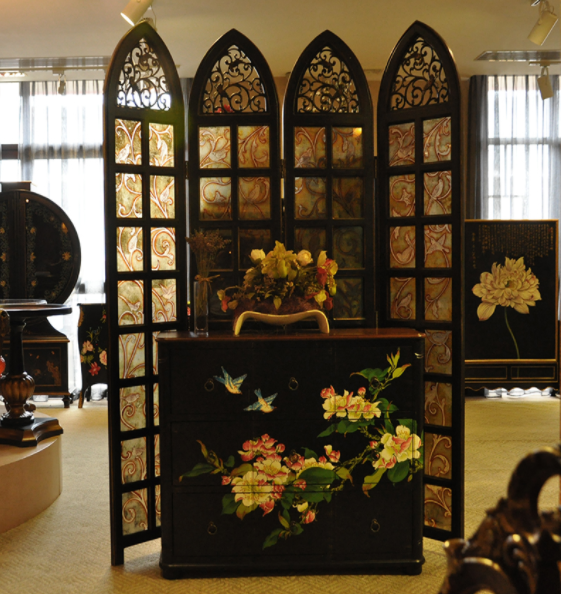 實木鏤空玄關折屏，新古典復古彩繪玻璃屏風