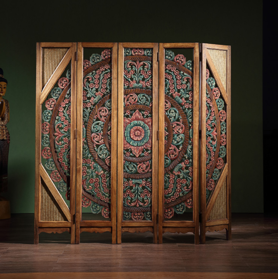 中式復(fù)古實(shí)木隔斷屏風(fēng)，彩繪木質(zhì)手工雕花屏風(fēng)