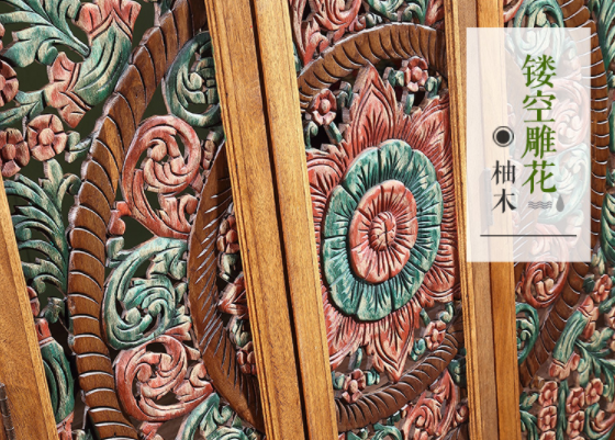 中式復(fù)古實(shí)木隔斷屏風(fēng)，彩繪木質(zhì)手工雕花屏風(fēng)