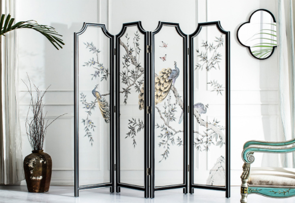 新古典實木手繪孔雀隔斷屏風