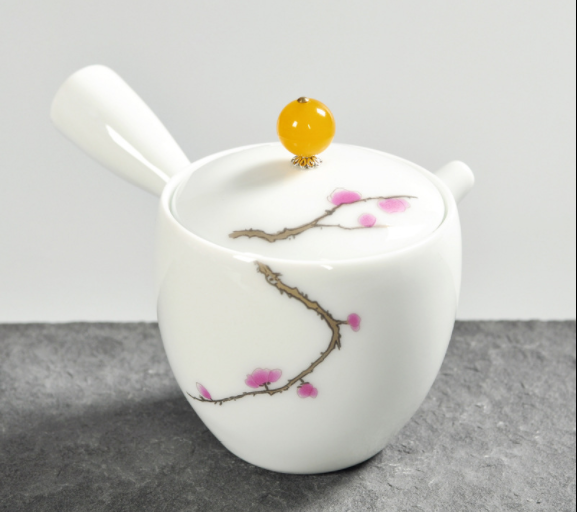 手工茶壺，脂白描金側(cè)把功夫茶具