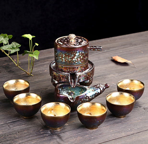 鎏金半自動茶具，中式石磨功夫茶具