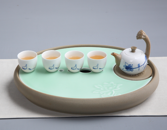 一盞清禪青瓷茶盤，陶瓷手繪荷花茶具