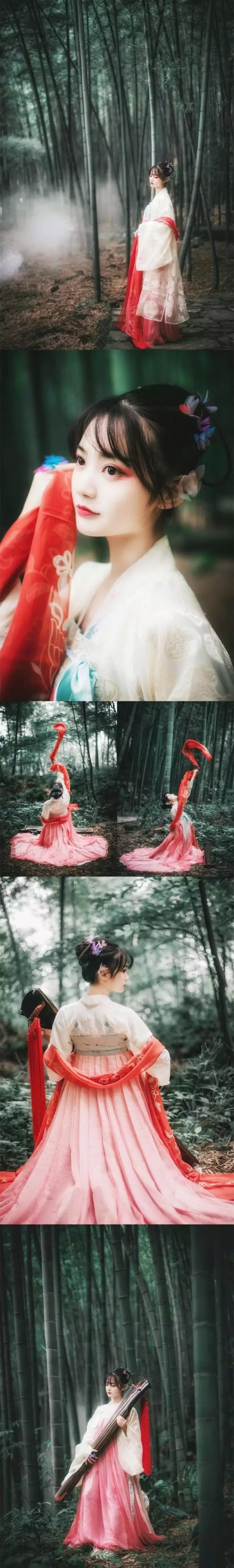 古裝攝影，山際見來煙，竹中窺落日