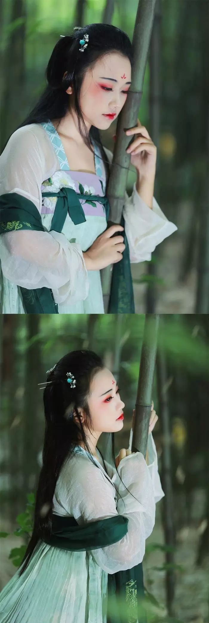 古裝攝影，山際見來煙，竹中窺落日