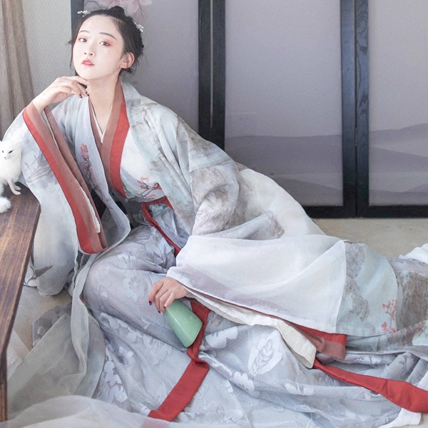 魏晉風(fēng)交領(lǐng)齊腰襦裙?jié)h服，古風(fēng)印花雪紡漢服