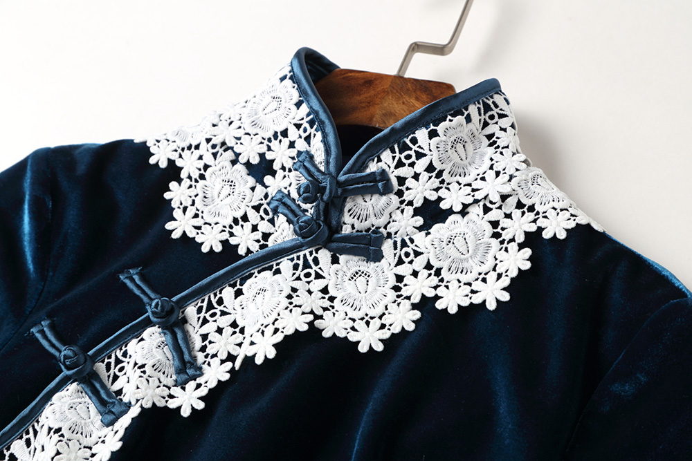 天鵝絨蕾絲花邊旗袍，民國(guó)復(fù)古旗袍裙