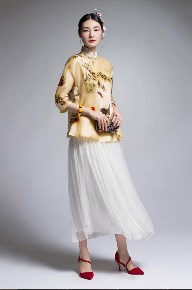 家佳樂文學(xué)復(fù)古真絲歐根緞印花改良唐裝