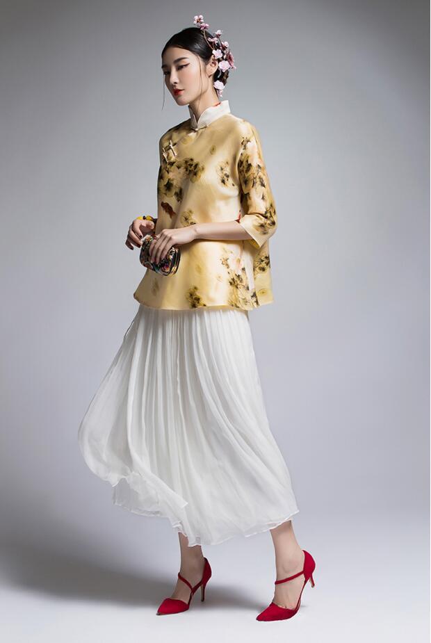 家佳樂文學(xué)復(fù)古真絲歐根緞印花改良唐裝