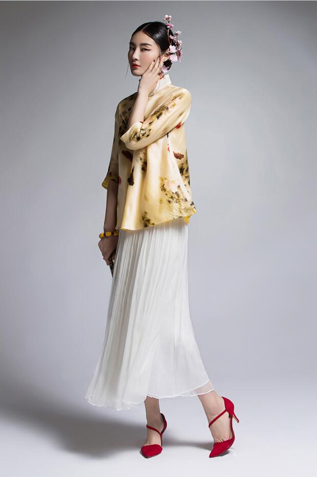 家佳樂文學(xué)復(fù)古真絲歐根緞印花改良唐裝