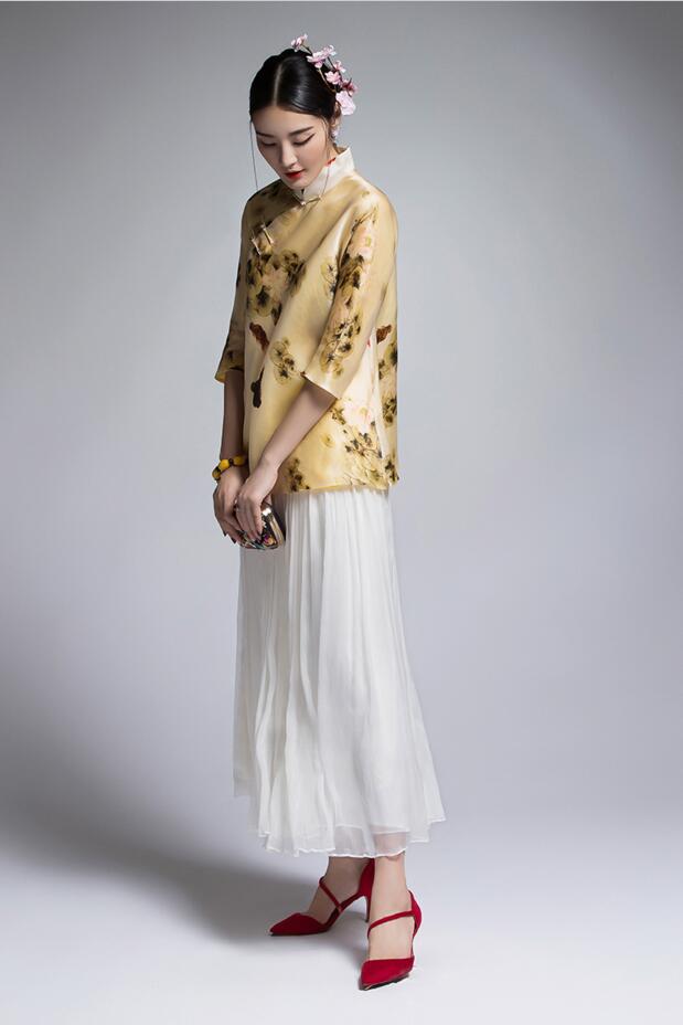 家佳樂文學(xué)復(fù)古真絲歐根緞印花改良唐裝