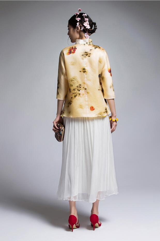 家佳樂文學(xué)復(fù)古真絲歐根緞印花改良唐裝