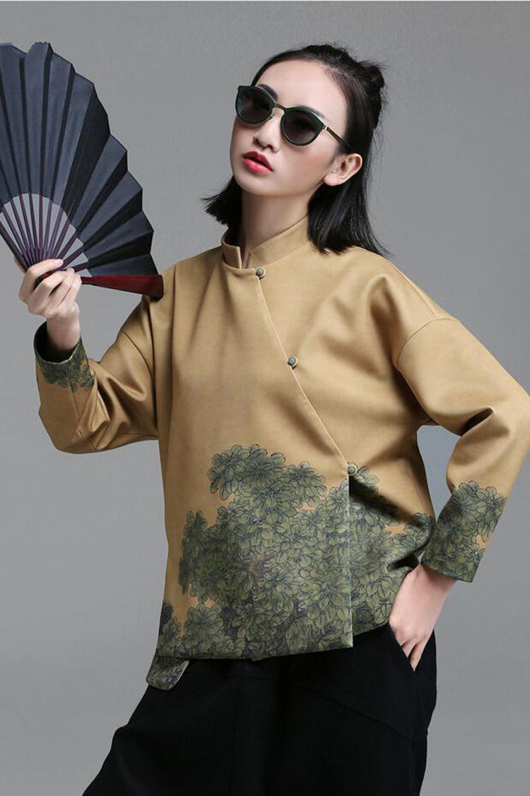 家佳樂文學(xué)立領(lǐng)斜襟落肩袖不對稱中式改良唐裝