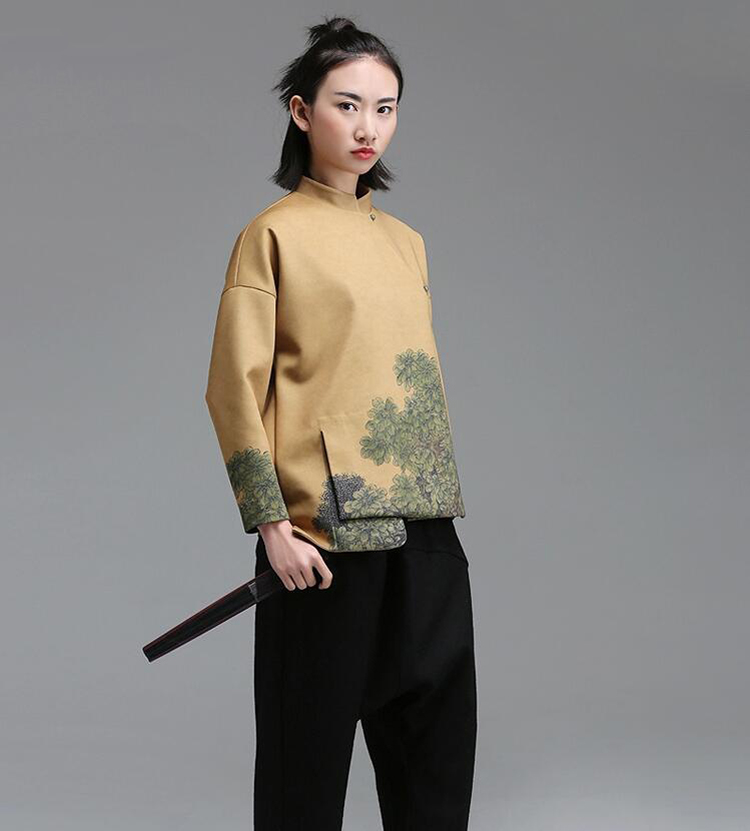 家佳樂文學(xué)立領(lǐng)斜襟落肩袖不對稱中式改良唐裝