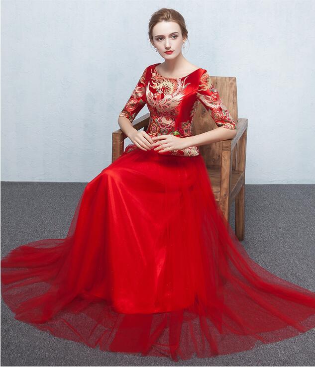 夏季圓領中袖中式結婚禮服