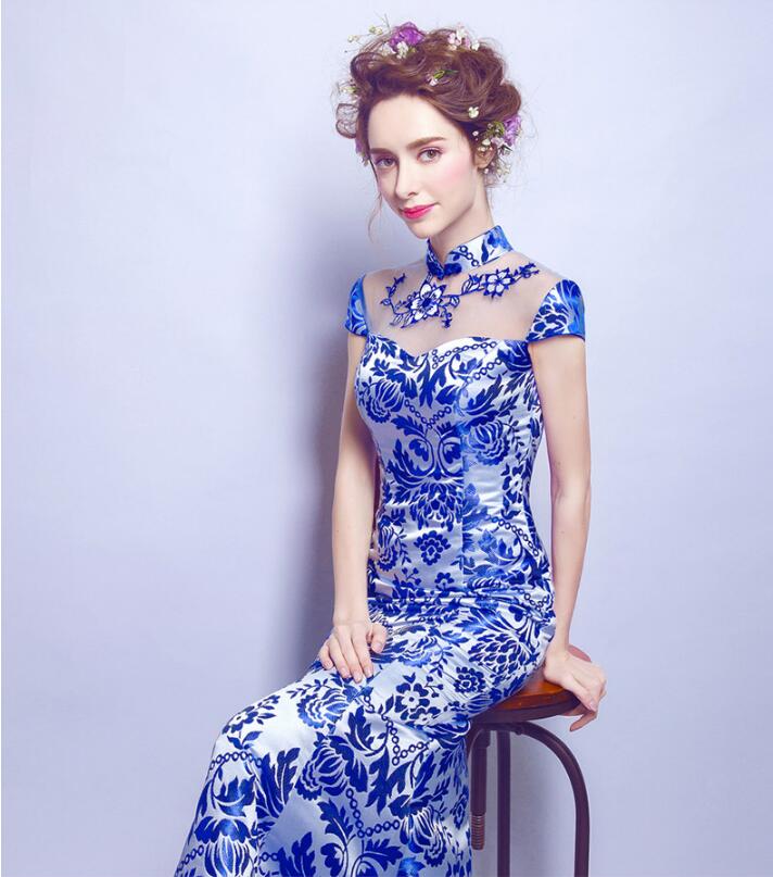 家佳樂(lè)文學(xué)青花瓷魚(yú)尾旗袍中式禮服