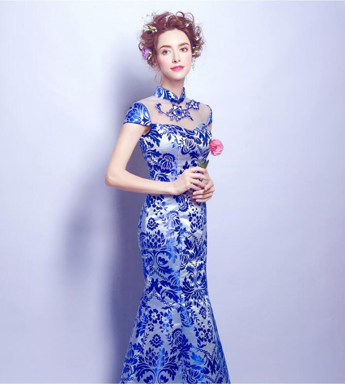 家佳樂(lè)文學(xué)青花瓷魚(yú)尾旗袍中式禮服