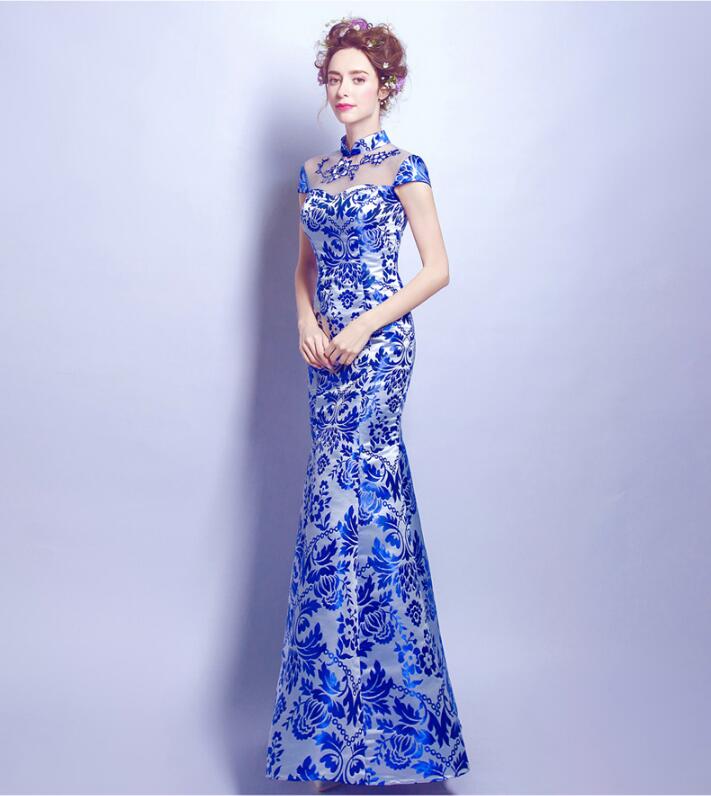 家佳樂(lè)文學(xué)青花瓷魚(yú)尾旗袍中式禮服
