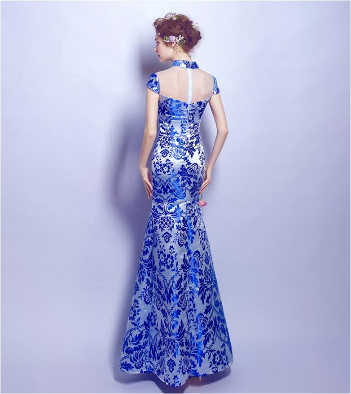 家佳樂(lè)文學(xué)青花瓷魚(yú)尾旗袍中式禮服